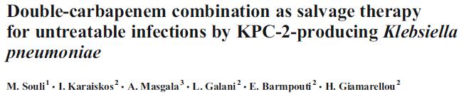 K.pneumoniae KPC: terapia ratuja ca z użyciem 2 karbapenemów kliniczny sukces 77,8% ogólna śmiertelność 29,6% (28D-18,5%) z powodu