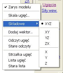 Wyniki 45. Menu Ugięcia Przycisk Ugięcia pozwala pokazać przemieszczenia modelu. Domyślnie rysowana jest postać ugięta oraz zarys modelu nie odkształconego.