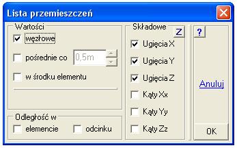 Domyślnie odczytywane są wartości w układzie globalnym, ale moŝna odczytać składowe w układzie węzłowym.