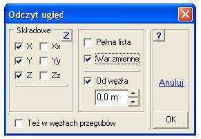 W menu Obwiednia są opcje które sterują zakresem pokazywanych ugięć. Przycisk z trójkątami znajdujący się u góry po prawej stronie ekranu będzie sekwencyjnie zmieniał pokazywane wielkości.