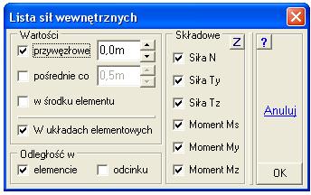 Opcją Przebieg moŝna pokazać na jednej planszy wszystkie siły wewnętrzne. W pierwszym kroju naleŝy wybrać miejsce. MoŜna to zrobić opcją Odcinek lub Łuk.