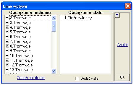 ABC wersja 6.2 51. Wyniki dla sił ruchomych Po wprowadzeniu do modelu obciąŝeń ruchomych w menu Ugięcia, Siły wew.