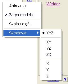 Wyniki 52. Menu Wektor Obliczenia dynamiczne wyznaczają częstości drgań własnych oraz postacie tych drgań. Te ostatnie mogą być pokazane w formie podobnej do statycznych ugięć modelu.