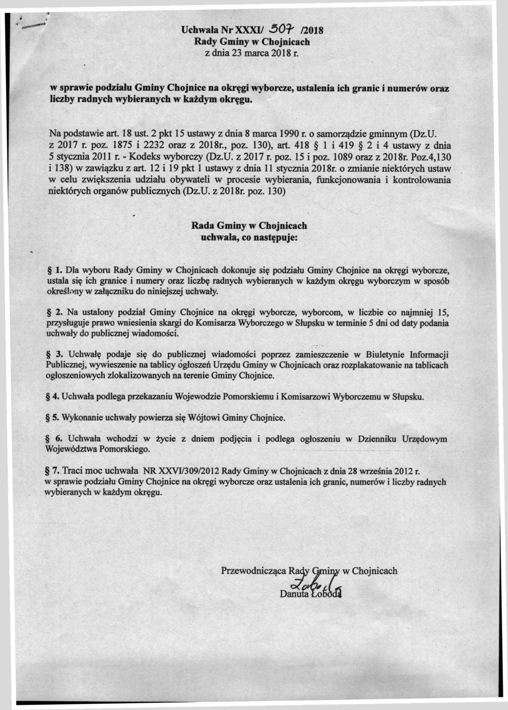 Uchwała Nr XXXI/ 30^ /208 Rady Gminy w Chojnicach z dnia 23 marca 208 r.