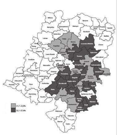 184 Joanna Dybowska wszystkim rodzimych mieszkańców tego regionu, dlatego w układzie przestrzennym województwa odpowiadającym dominacji ludności rodzimej lub napływowej obserwowane były różnice w