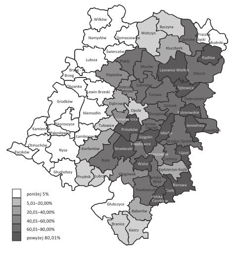 Intensywna emigracja a stan ludności w województwie opolskim 171 Rysunek 2. Ludność rodzima wśród mieszkańców gmin województwa opolskiego w 1990 roku Źródło: R.