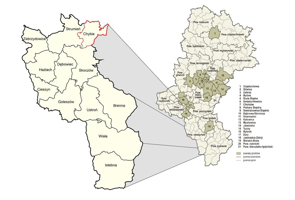 powierzchnie 31,75 km 2 oraz obejmuje terytorialnie 5 sołectw: Chybie, Mnich, Frelichów, Zaborze oraz Zarzecze (Rysunek 2). Siedziba gminy usytuowana jest w miejscowości Chybie.
