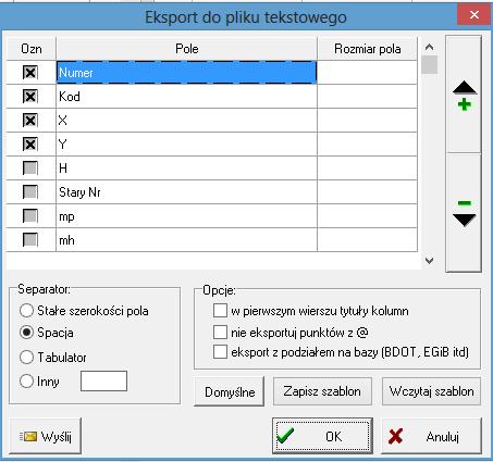 4.5.15 Leica GSI Tworzony jest plik, który może być potem załadowany przy pomocy oryginalnego programu Leica GeoOffice do tachimetru. Wybieramy pomiędzy formatami 8- i 16-znakowymi. 4.5.16 Kartometr Eksport zaznaczonych w tabeli punktów do formatu xy lub xyh akceptowanych przez oprogramowanie kartometru.