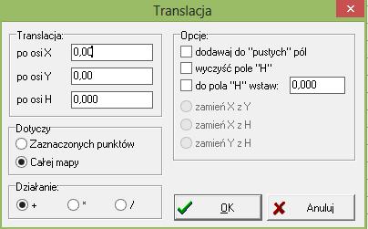 Dla zaznaczonych punktów można także zamienić kolumny: X z Y, X z H, Y z H.