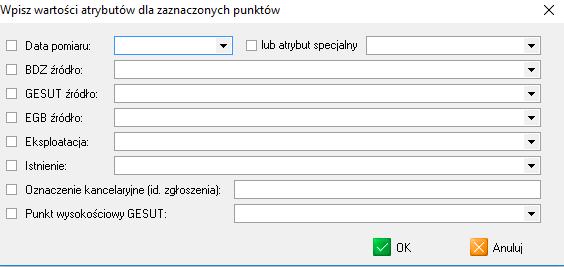 Jeśli punkty mają określone kody, to jest możliwość przypisania atrybutów w bazach danych EGB, GESUT, BDOT: istnienie, data pomiaru, eksploatacja, oznaczenie kancelaryjne, źródło).