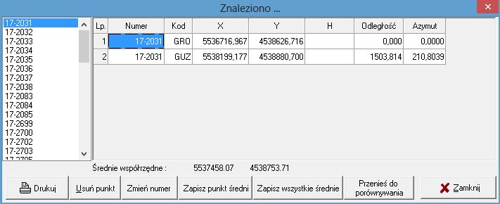5.8 Kontrola punktów W trakcie pracy w tabeli współrzędnych dostępna jest opcja Kontrola punktów o takim samym numerze lub położonych blisko siebie.