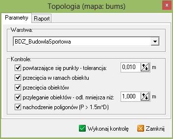 - wyszukiwanie powtarzających się punktów w ramach jednego obiektu z zadaniem tolerancji odległości minimalnej między punktami, - przecięcia (zapętlenia) w ramach jednego obiektu, - przecięcia