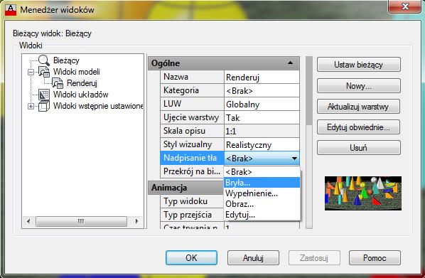Parametry otoczenia Ćwiczenie 13 Tło w rysunku Temat: Wprowadzanie do rysunku tła innego niż standardowe (czarne). Otwórz rysunek CW-13-07-13-Tlo-01.dwg.
