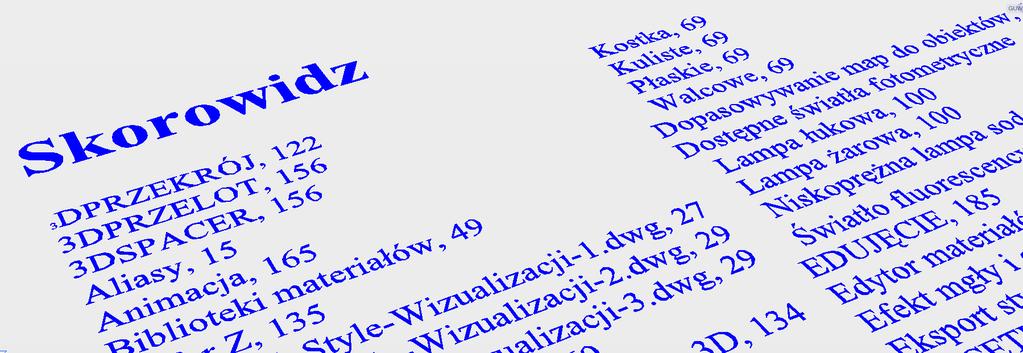 Skorowidz 3DPRZEKRÓJ, 159 3DPRZELOT, 199 3DSPACER, 198 Aliasy, 15 Animacja, 213 Biblioteki materiałów, 64 Bufor Z, 174 CAMERADISPLAY, 218 Cechy renderowanego modelu 3D, 172