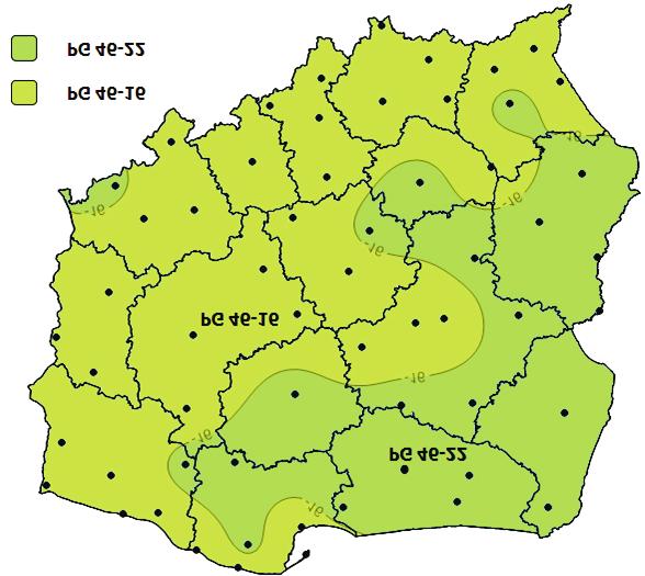 Strefy klimatyczne doboru rodzaju funkcjonalnego asfaltów dla autostrad i dróg ekspresowych, warstwa podbudowy (P = 98%) Fig. 12.