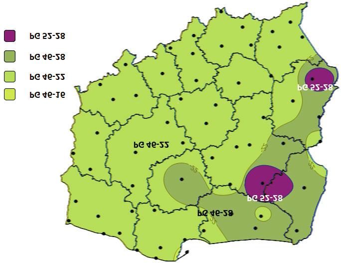Strefy klimatyczne doboru rodzaju funkcjonalnego asfaltów dla pozosta³ych dróg o kategorii ruchu KR3-KR7, warstwa œcieralna (P = 80%) 46-16