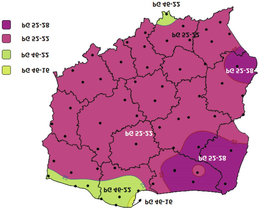 13. Strefy klimatyczne doboru rodzaju funkcjonalnego asfaltów dla pozosta³ych dróg o kategorii ruchu KR3-KR7, warstwa wi¹ ¹ca (P = 80%) Fig. 14.