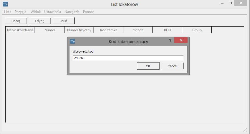 Po wybraniu właściwego portu komunikacyjnego, podajemy kod instalatora, którym zabezpieczona jest kaseta (na etapie