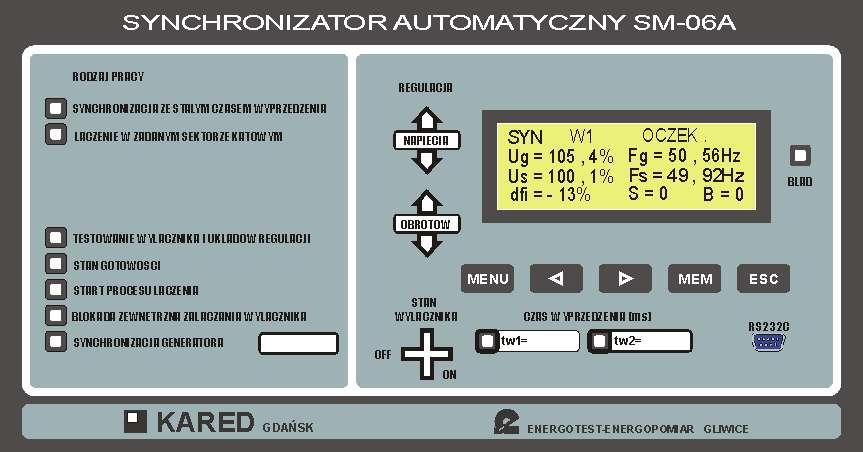3.3. Tablica synoptyczna Synchronizator SM-06Af wyposażono w tablicę synoptyczną, umieszczoną na froncie urządzenia i ułatwiającą zwłaszcza pierwsze uruchomienie procesu synchronizacji. Rys 3.