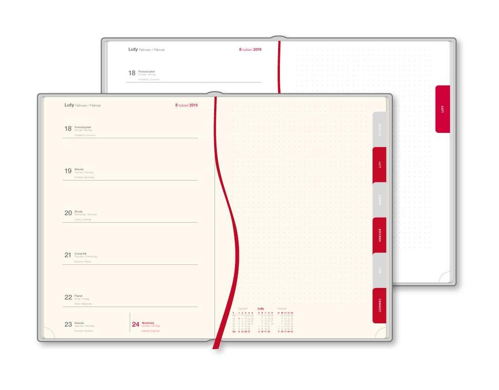 , symbol Xt Układ (tydzień na lewej stronie + notatnik na prawej stronie) Wymiary kalendarza 16,7 x 24 cm, 176 stron (w tym 32 strony notatnika z perforacją umożliwiającą wyrywanie kartek) Papier