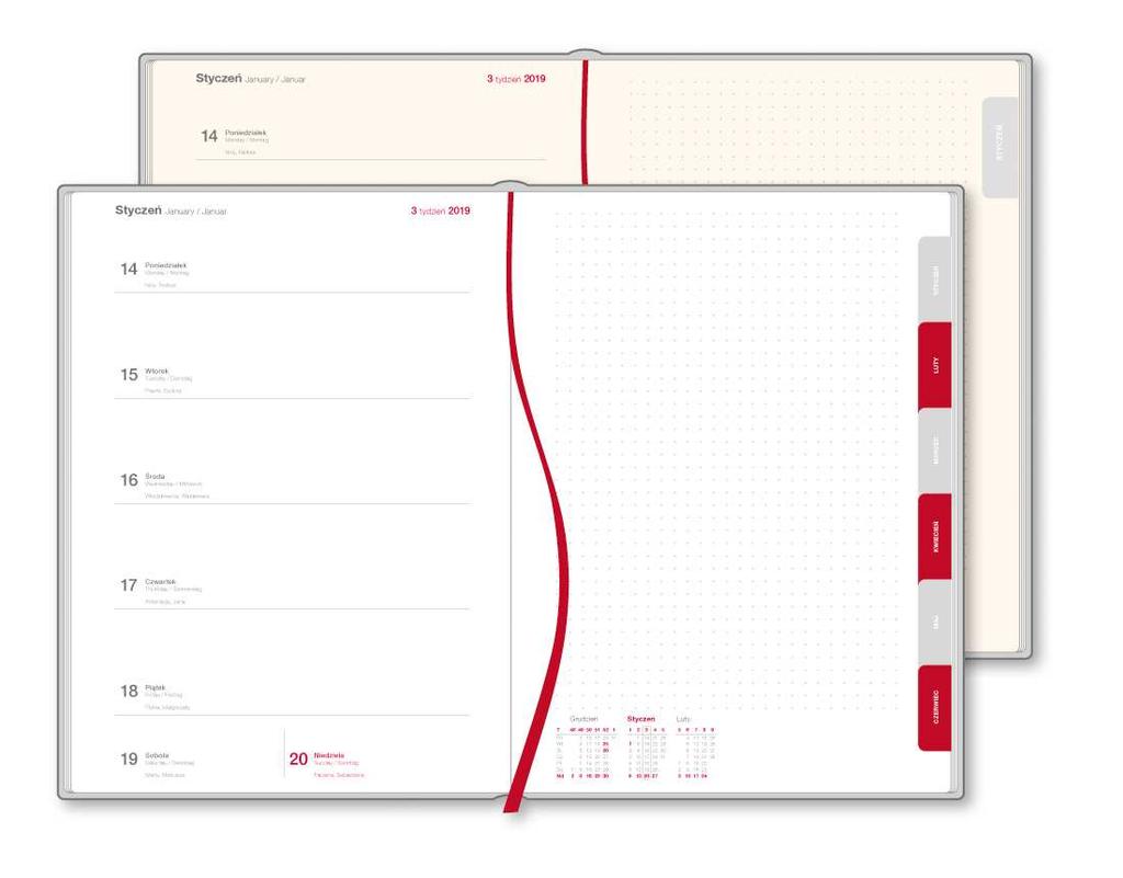 wstążka bordowa. Część informacyjna, zintegrowany z blokiem notes teleadresowy, mapa administracyjna Polski.