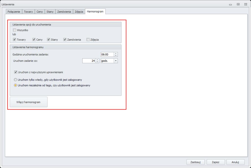 7.1.1.8 Harmonogram automatyczna praca programu Opcje w tym oknie umożliwiają dodanie do Harmonogramu Windows nowych zadań.