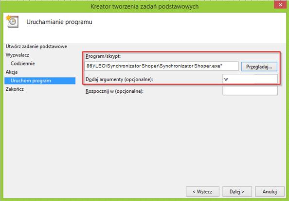 Następnie należy wybrać program Synchronizator Shoper (używając przycisku przeglądaj) oraz wpisać argumenty (rozdział 9).