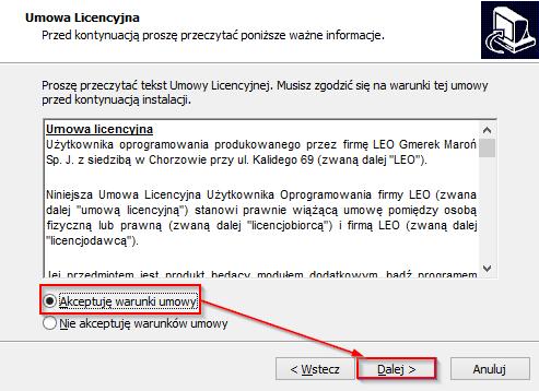 Rysunek 7 Po jego uruchomieniu otworzy okno z warunkami umowy licencyjnej.