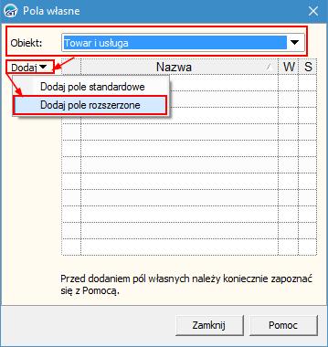 Kolejnym krokiem jest utworzenie pola własnego słownikowego. W polu tym będą umieszczane nazwy zestawów wariantów utworzonych w sklepie Shoper.
