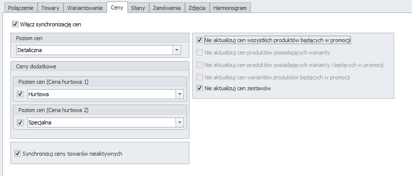 7.1.1.4 Ustawienia cen Opcje w tej zakładce pozwalają włączyć synchronizację cen między Subiektem a sklepem Shoper.