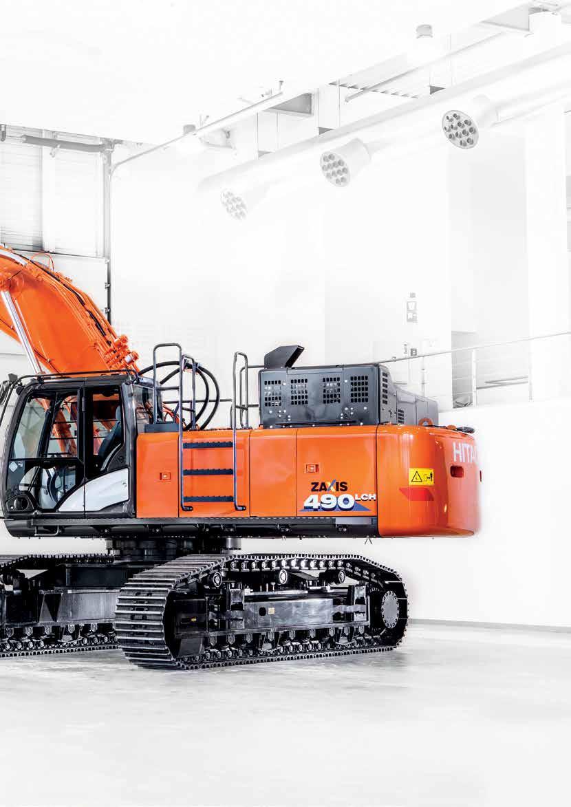 ZX490LCH-6 Optymalna wydajność Zdalne monitorowanie przy użyciu aplikacji online Global e-service. Prosta obsługa Poziomy oleju silnikowego i chłodziwa można sprawdzać w kabinie.