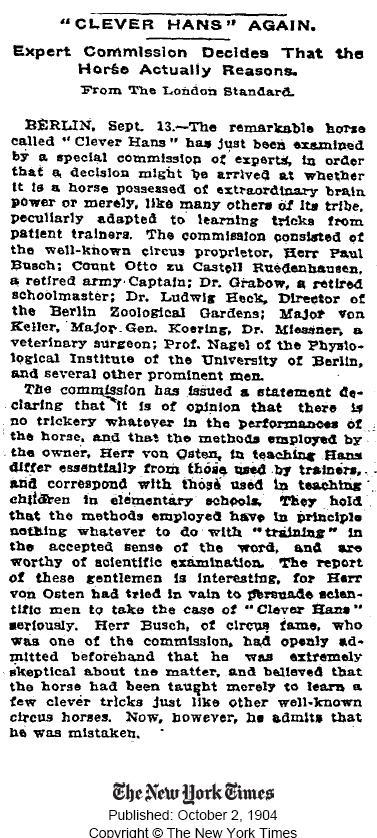nieświadomie wpływał na odpowiedzi (ruchy) zwierzęcia. Pfungst, O. (1911). Clever Hans (the horse of Mr. von Osten): A contribution to experimental, animal, and human psychology.