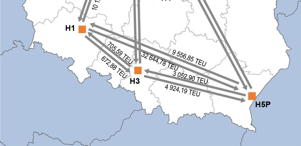 Znaczna liczba JŁTI planowana jest do przewiezienia także z Brzegu Dolnego do Medyki. Rys. 8.3. Wariant A struktura połączeń pomiędzy terminalami intermodalnymi Źródło: opracowanie własne.
