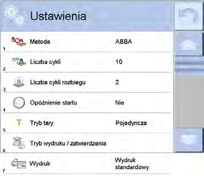 Aby zmienić rodzaj metody wzorcowania odwazników należy nacisnąć przycisk < wybrać rzadana metode spośród dostepnych: ABBA ABA AB Metoda> i 10.9.