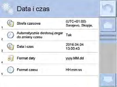 Ikona Nazwa Wartość Opis Strefa czasowa Automatycznie dostosuj zegar do zmiany czasu Data i czas (UTC+01:00) Sarajevo, Skopje, Warsaw, Zagreb Tak 2016.04.04 08:00:00 Format daty yyyy.mm.