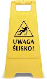 TABLICA OSTRZEGAWCZA Tablica ostrzegawcza z tworzywa sztucznego w kolorze żółtym z polskim napisem oraz znakiem ostrzegawczym "Uwaga ślisko".