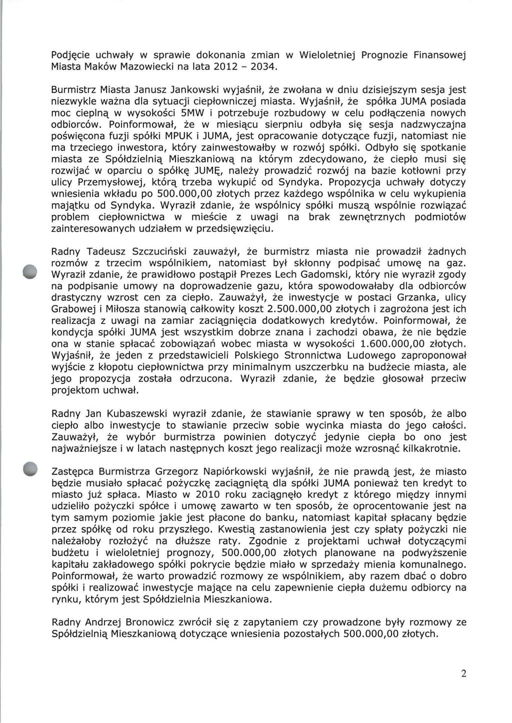 Podjęcie uchwały w sprawie dokonania zmian w Wieloletniej Prognozie Finansowej Miasta Maków Mazowiecki na lata 2012-2034.