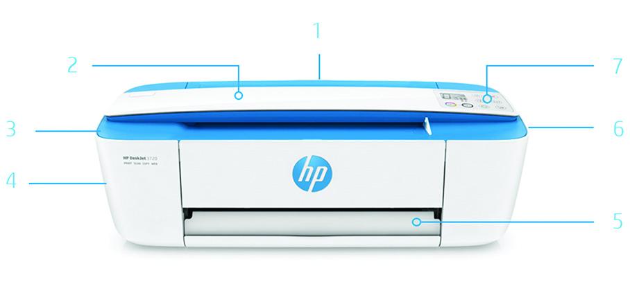 Przegląd produktu Pokazano urządzenie wielofunkcyjne HP DeskJet Ink Advantage 3790 1. Podajnik na 60 arkuszy 2. Technologia HP Scroll Scan pozwalająca na skanowanie i kopiowanie 3.