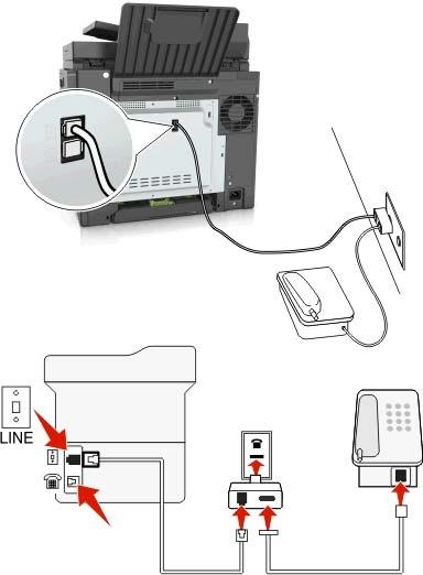Faksowanie 104 Podłączanie drukarki do gniazda ściennego innego niż RJ-11 1 Podłącz jeden koniec kabla telefonicznego dostarczonego z drukarką do portu drukarki.