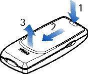 1. Zdejmij tyln± obudowê: Naci nij zapadkê (1), przesuñ obudowê (2), podnie i zdejmij j± z telefonu (3). 2.