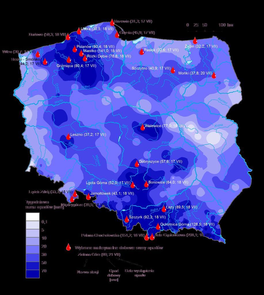 3. Rozkład tygodniowej sumy opadów oraz wybrane maksymalne
