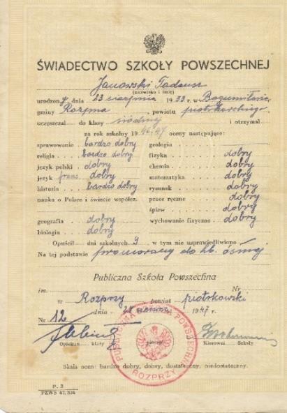 Świadectwa szkolne ukończenia klasy siódmej