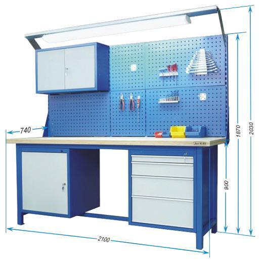 Stanowiska i stoły ślusarskie z blatem 2100mm Przykładowa konfiguracja stanowiska z nadbudową Stanowiska i stoły trzymodułowe