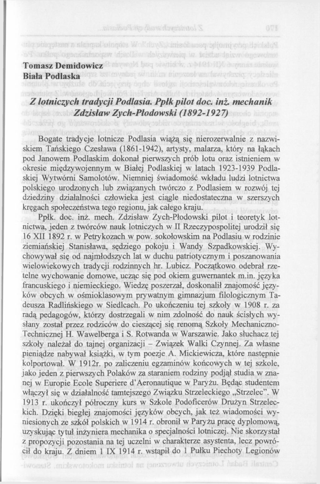 Tomasz Demidowicz Biała Podlaska Z lotniczych tradycji Podlasia. Ppłk pilot doc.