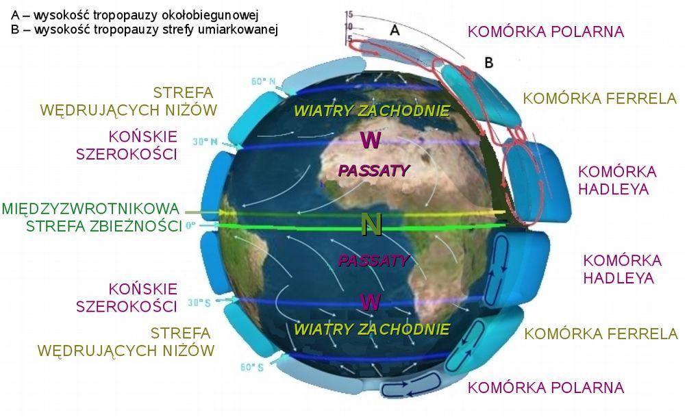 6. Ogólna cyrkulacja atmosfery Układy ciśnienia atmosferycznego przy powierzchni Ziemi, zmienne z dnia na dzień, po uśrednieniu w okresie wielu lat (z uwzględnieniem sezonów - pór roku) pokazują
