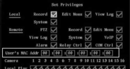 100 TruVision DVR 40 instrukcja obsługi 3. Przejdź do opcji User s MAC Addr. (Adres MAC użytkownika) i naciśnij przycisk Enter lub kliknij lewym przyciskiem myszy.