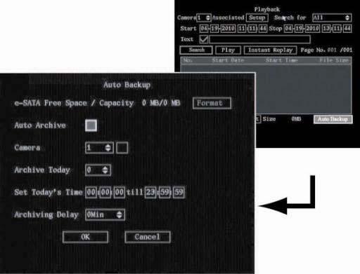 32 TruVision DVR 40 instrukcja obsługi Ustawienia nagrywania na stronie 65. 4. Przejdź do opcji Backup (Kopia zapasowa) i naciśnij przesuń manipulator w lewo lub kliknij lewym przyciskiem myszy.