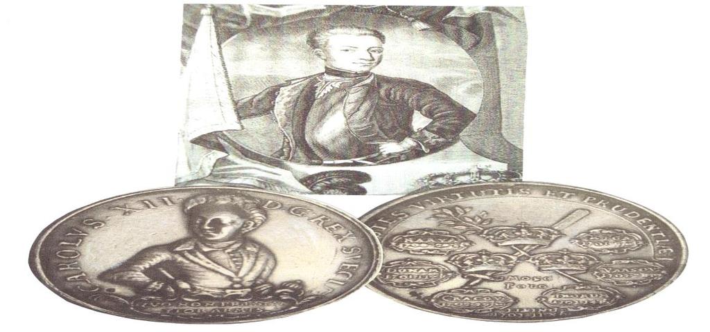 28 Medal z Karolem XII - pamiątki Wojny Północnej ze zdobytymi miastami polskimi przez armię szwedzką Karola XII i jego portretem Wracając do okresu Potopu, można sobie uzmysłowić jak wielki był