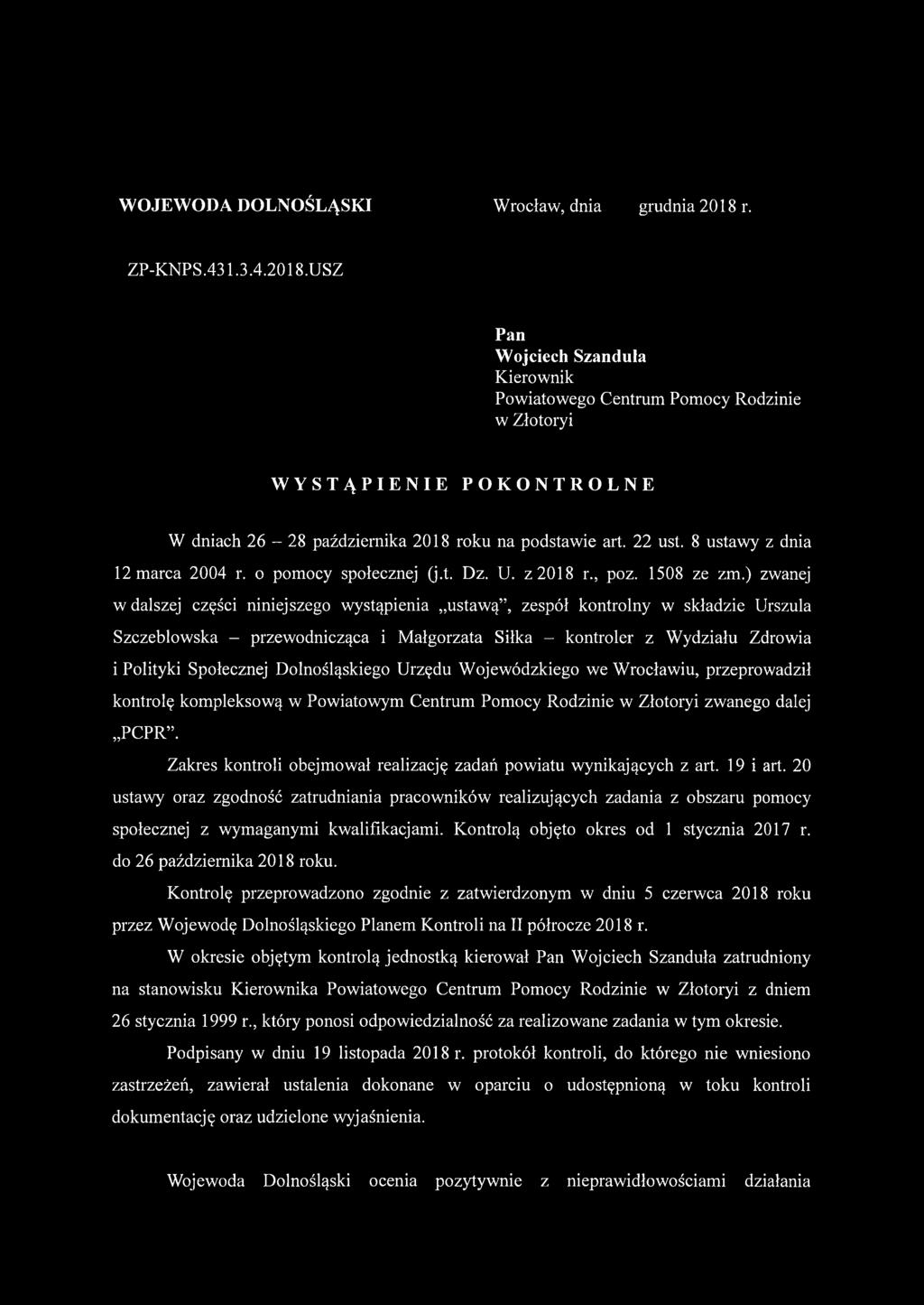 8 ustawy z dnia 12 marca 2004 r. o pomocy społecznej (j.t. Dz. U. z 2018 r., poz. 1508 ze zm.