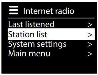 Pierwszy ekran zawiera oprócz dwóch pozycji menu: LAST LISTENED: Wybiera stację, którą słuchałeś jako ostatnią STATION LIST: Wywołuje dostępne internetowe usługi radiowe z serwera internetowego. 13